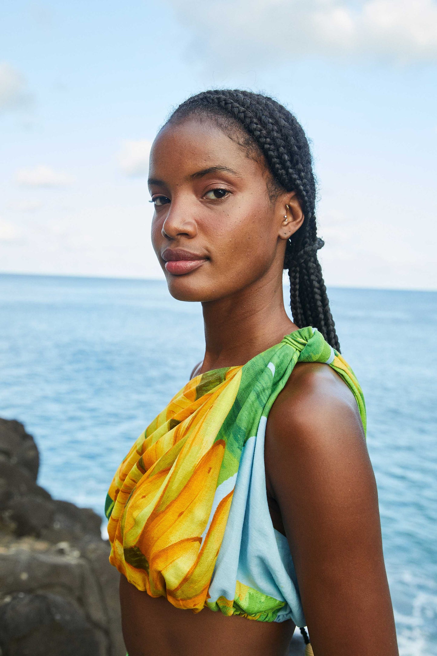 Blue Fresh Bananas One Shoulder Knot Top