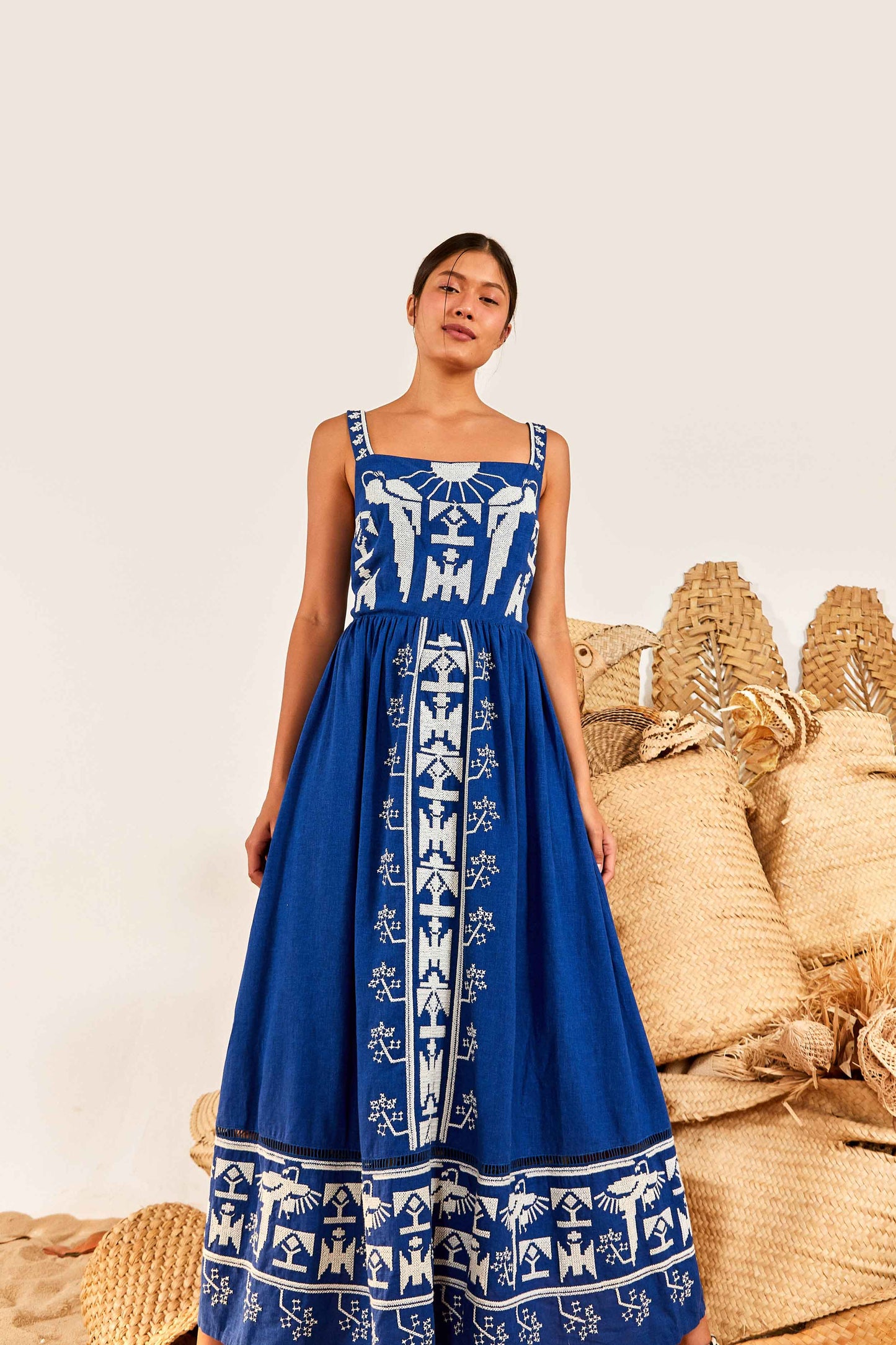 Navy Macaw Embroidered Maxi Dress