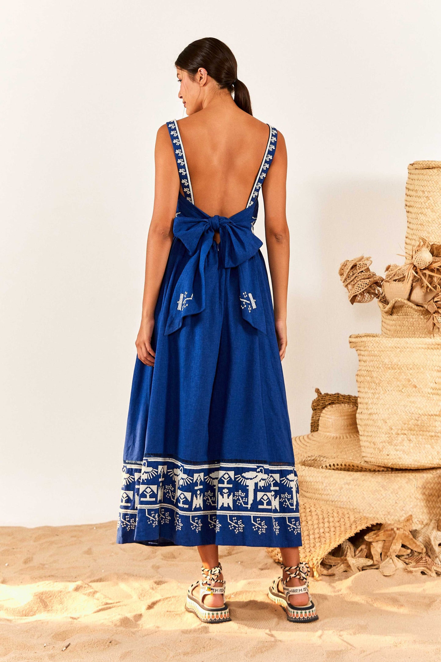 Navy Macaw Embroidered Maxi Dress