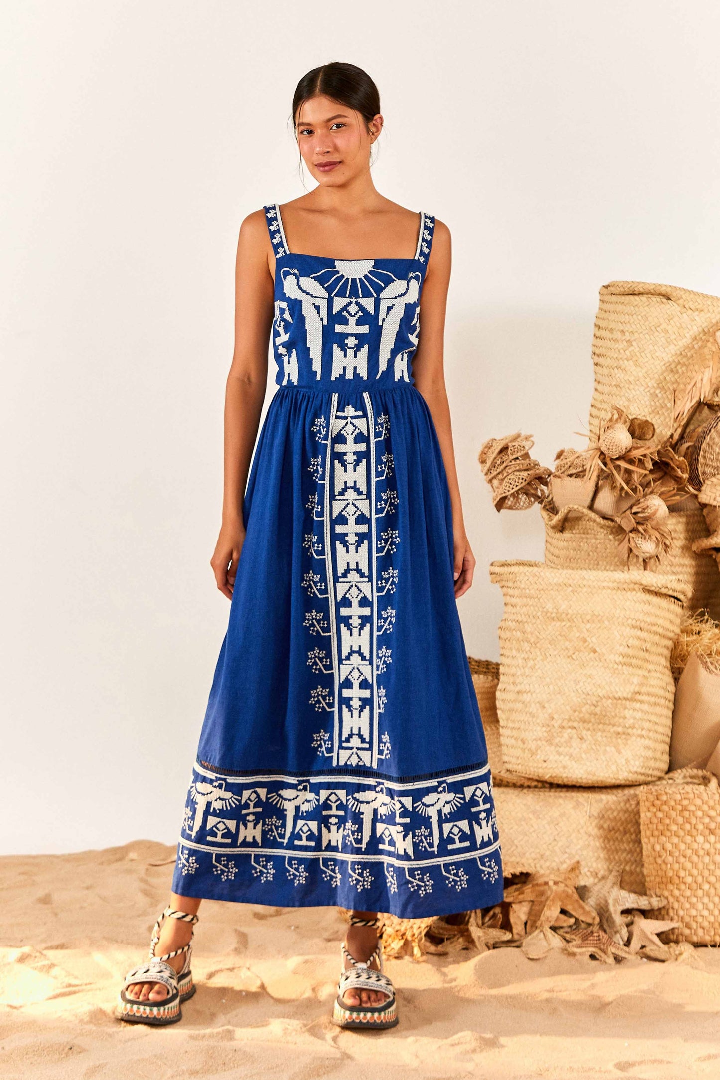 Navy Macaw Embroidered Maxi Dress