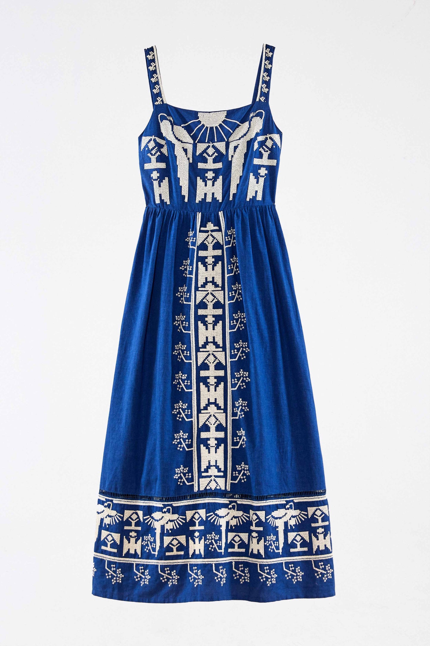 Navy Macaw Embroidered Maxi Dress