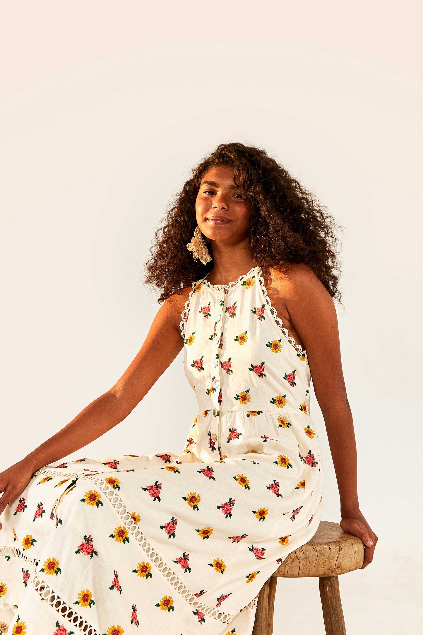 Mixed Cross Stitch Flowers Midi Dress