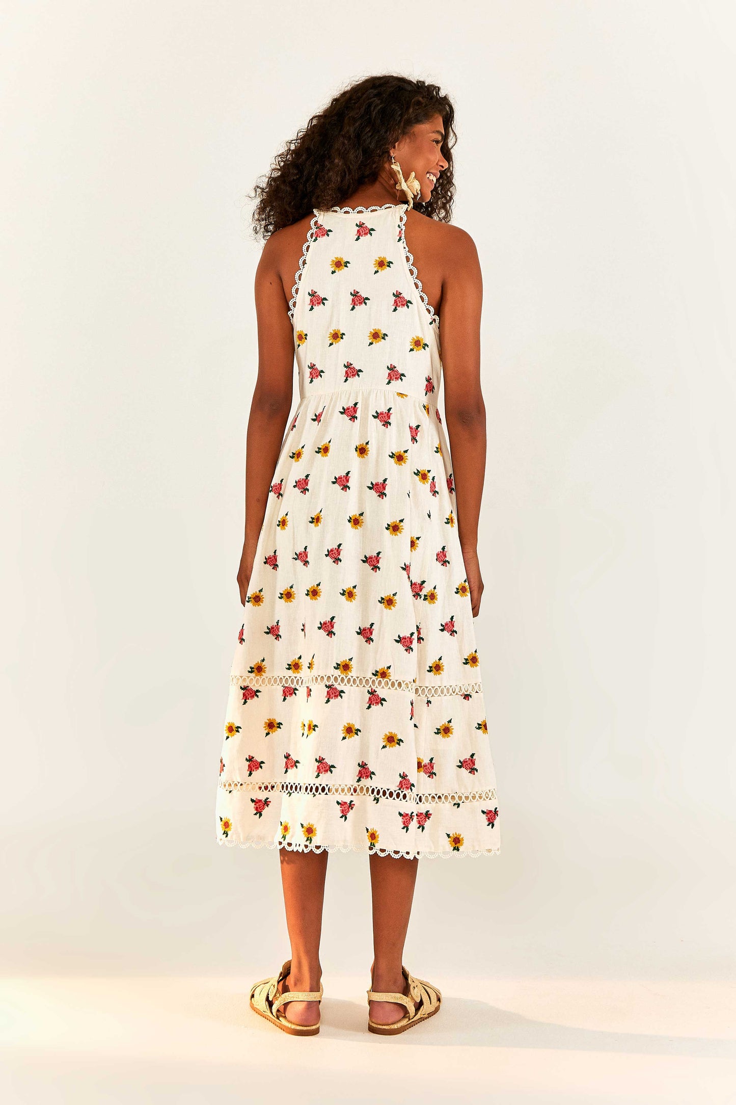 Mixed Cross Stitch Flowers Midi Dress