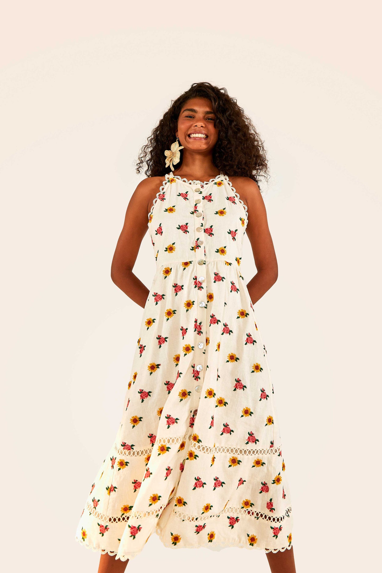 Mixed Cross Stitch Flowers Midi Dress