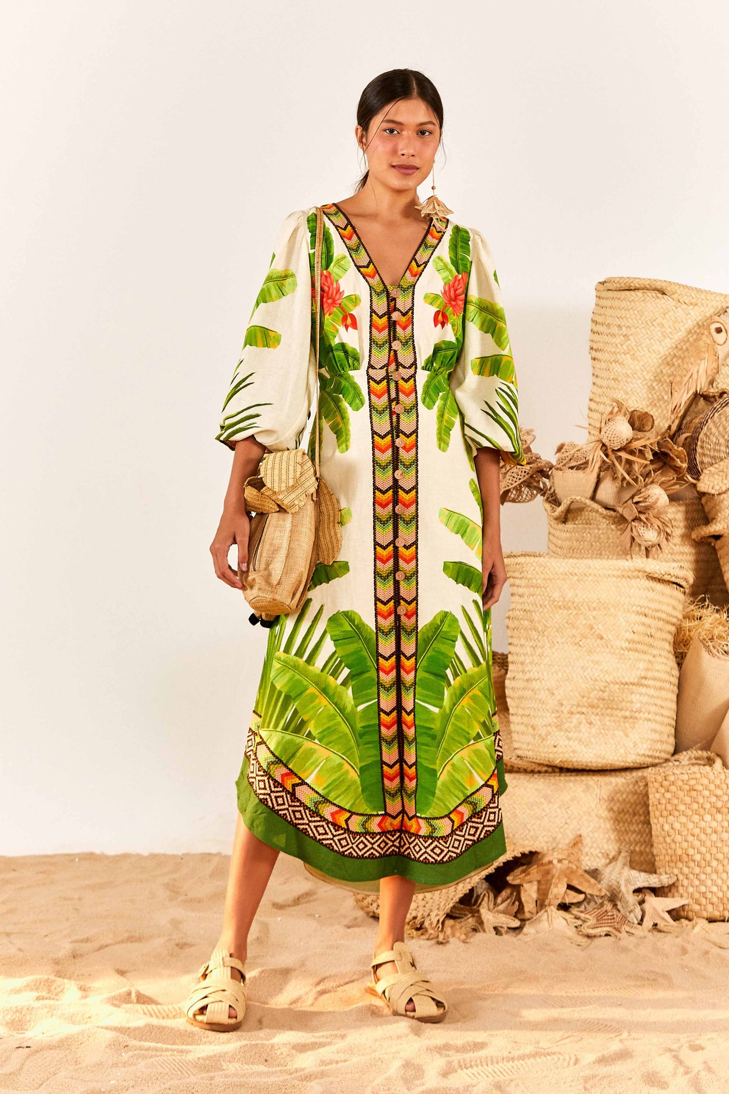 Fresh Forest Scarf V Neck Midi Dress