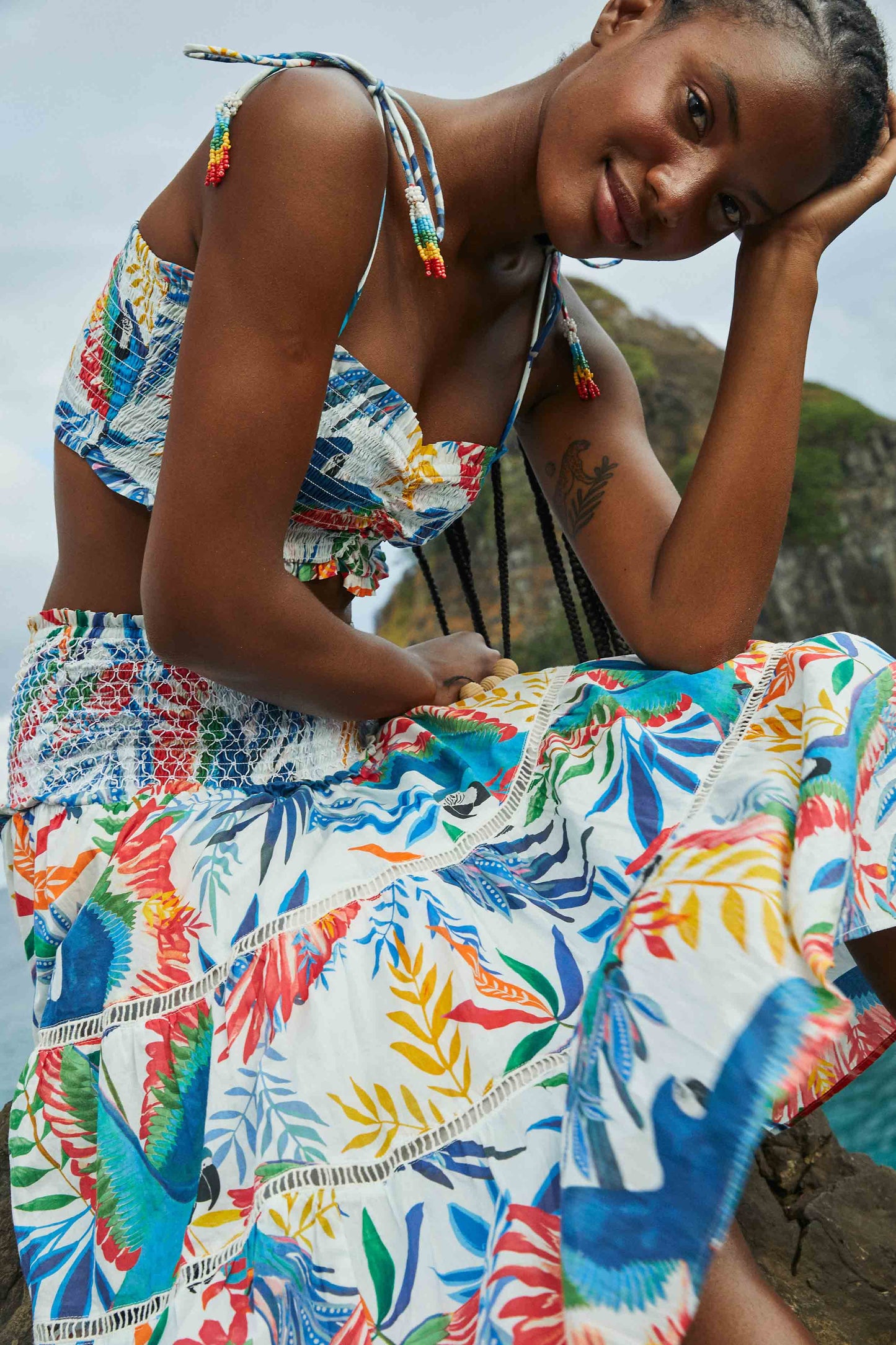 Macaw Wind Smocked Midi Skirt