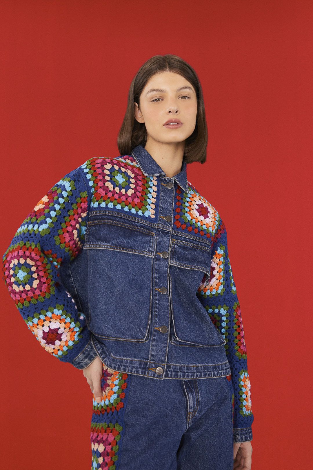 Crochet Squares Denim Jacket