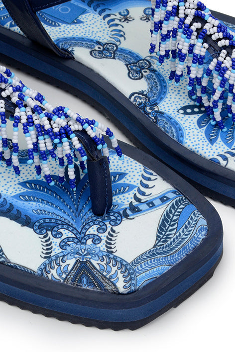 Blue Tile Beaded Flat Sandals