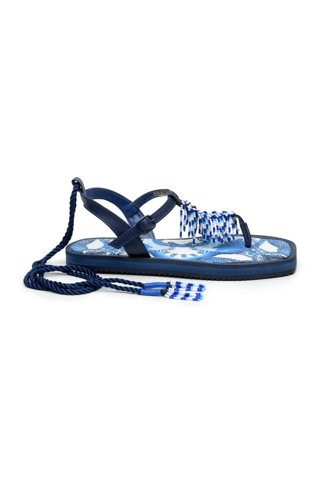 Blue Tile Beaded Flat Sandals