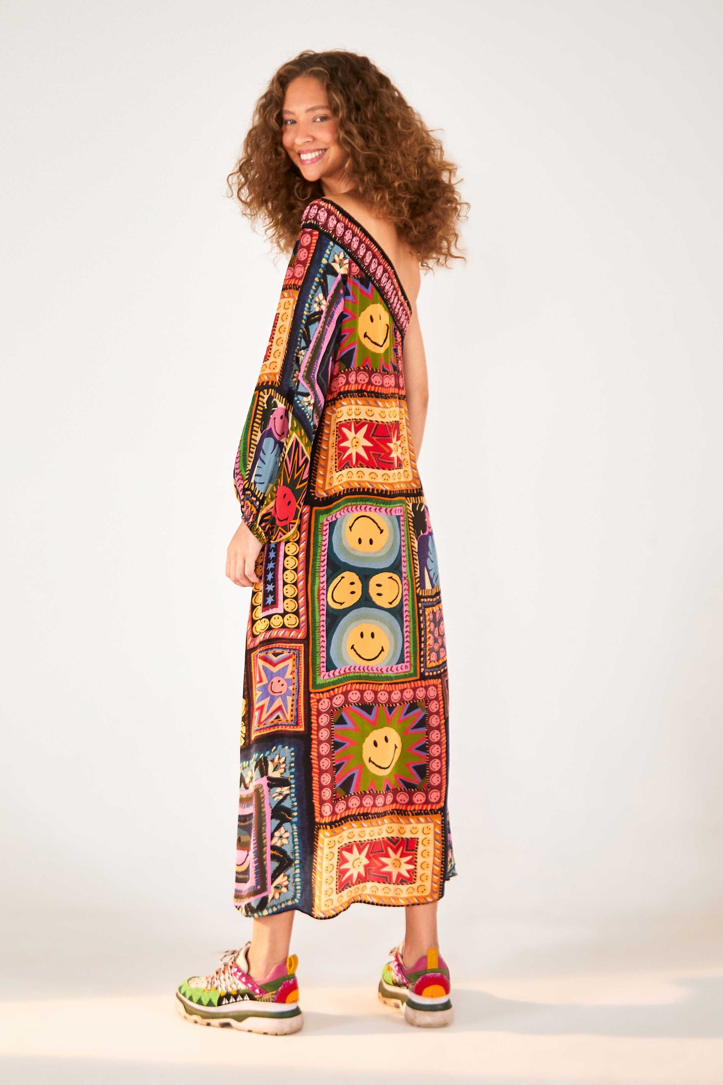 Patchwork Tapestry Smiley® One Shoulder Midi Dress