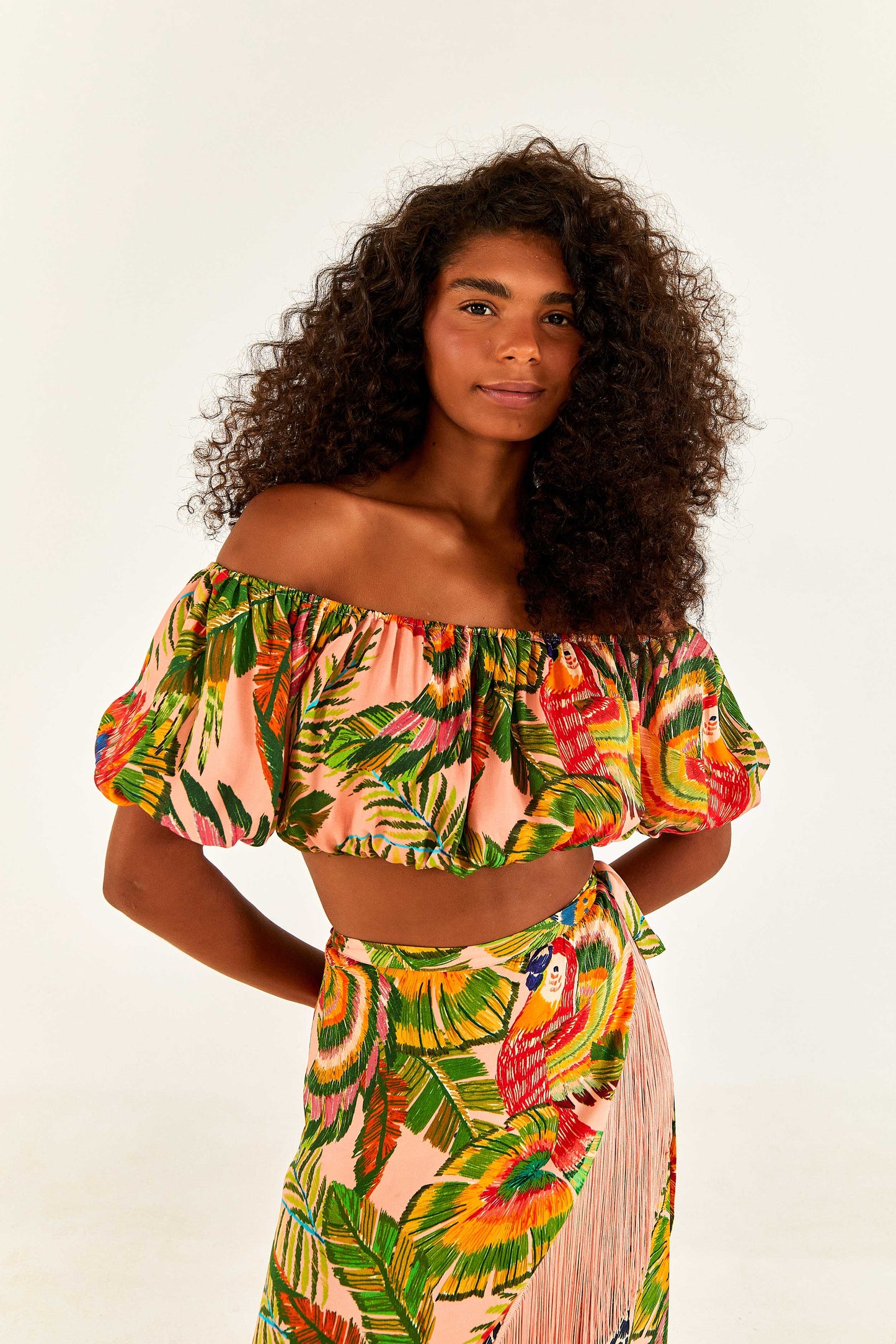 Macaw Leaves Off Shoulder Crop Top