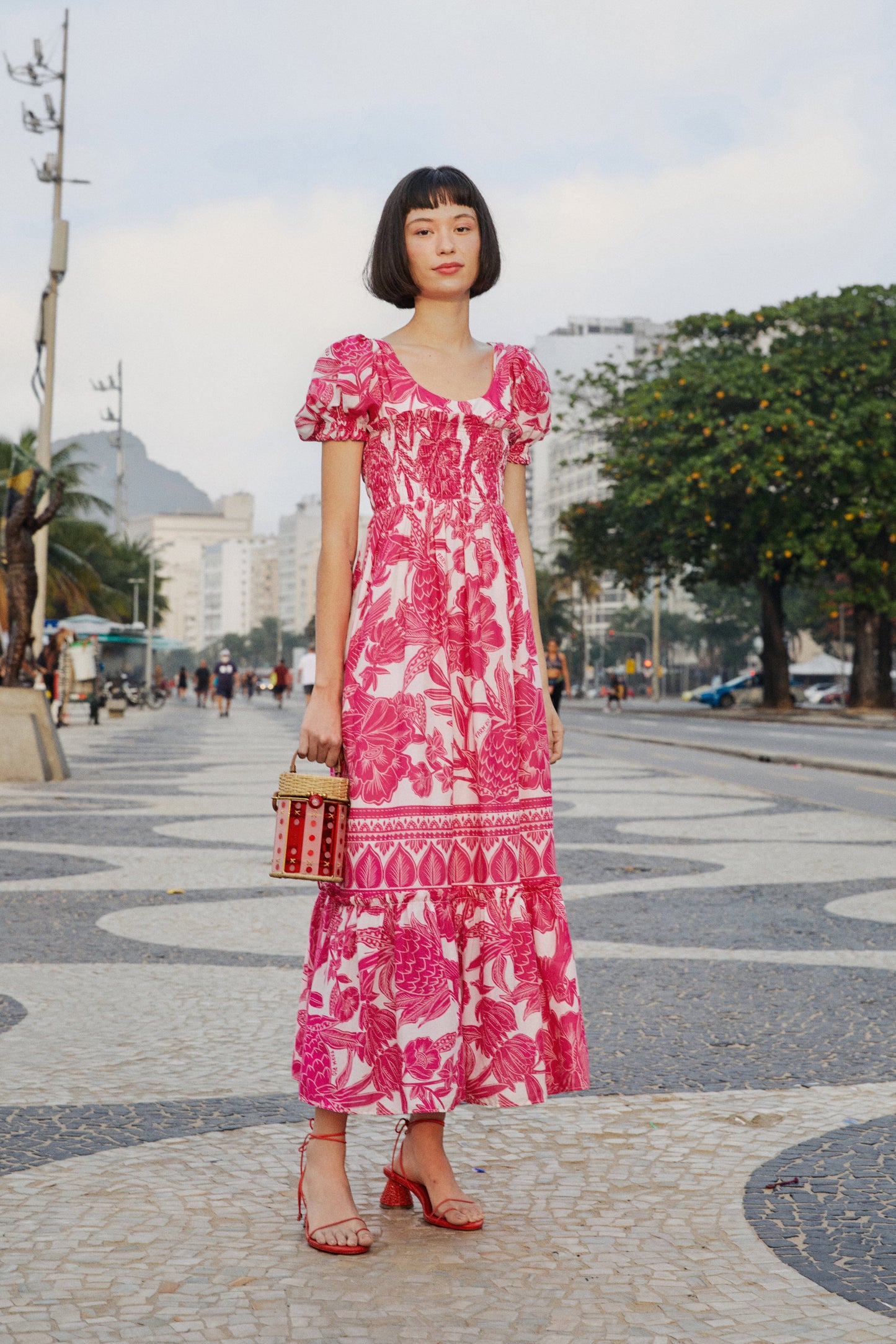 Pink Tropical Woodcut Maxi Dress