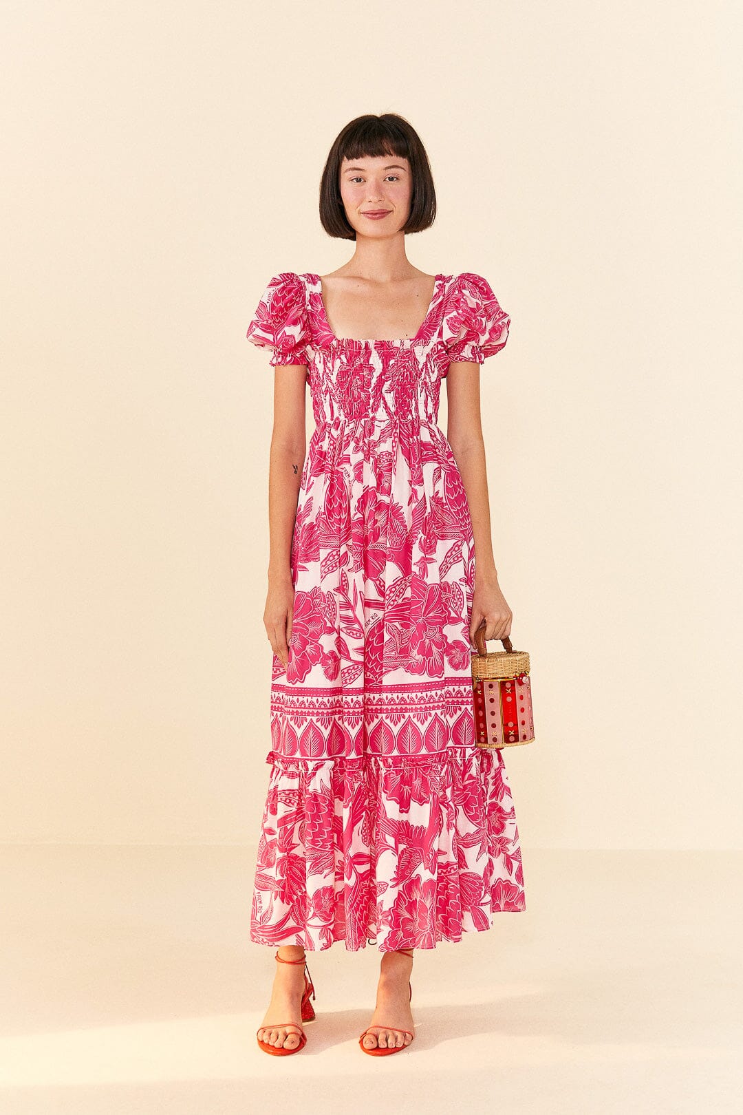 Pink Tropical Woodcut Maxi Dress