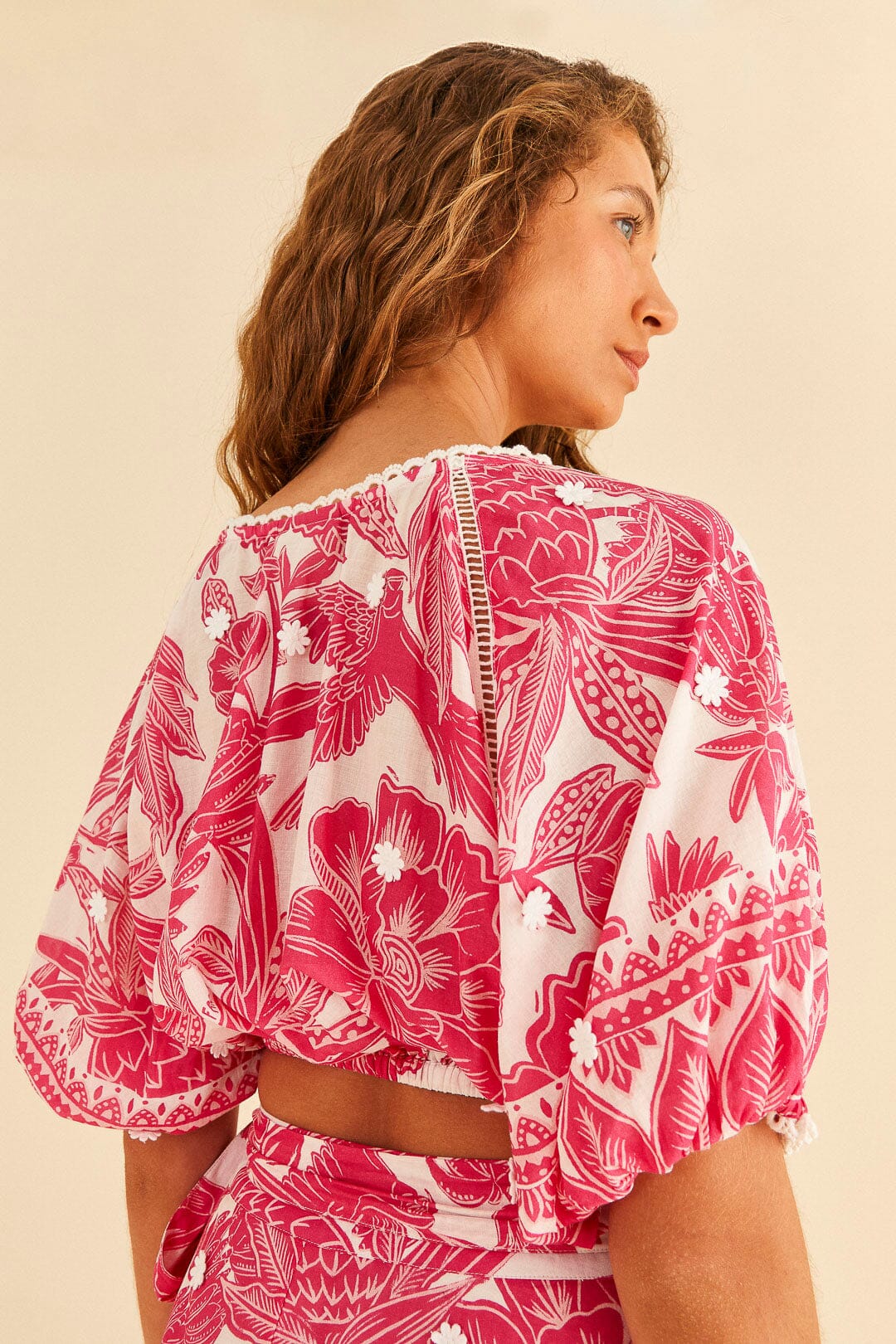 Pink Tropical Woodcut Crop Top