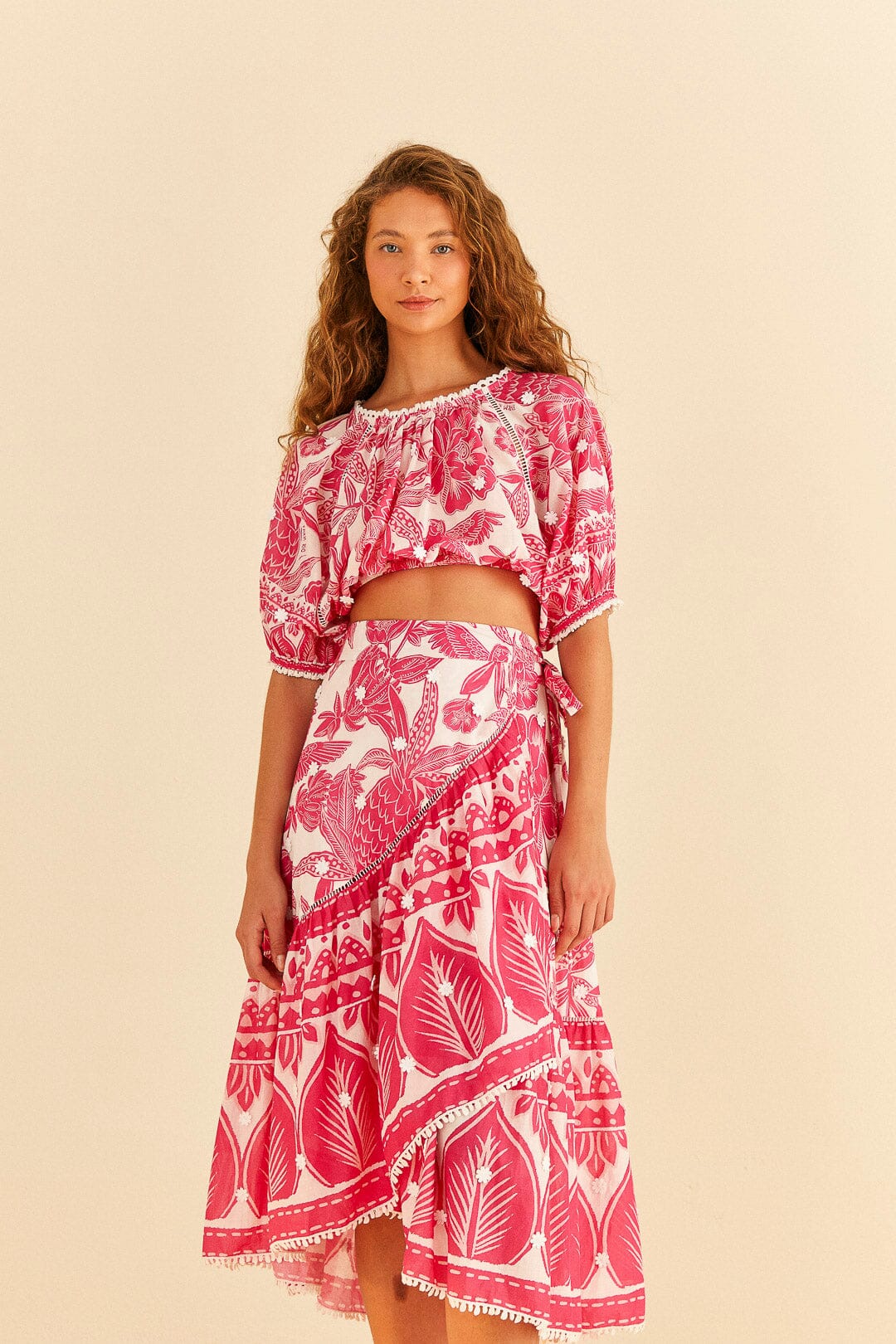 Pink Tropical Woodcut Midi Skirt