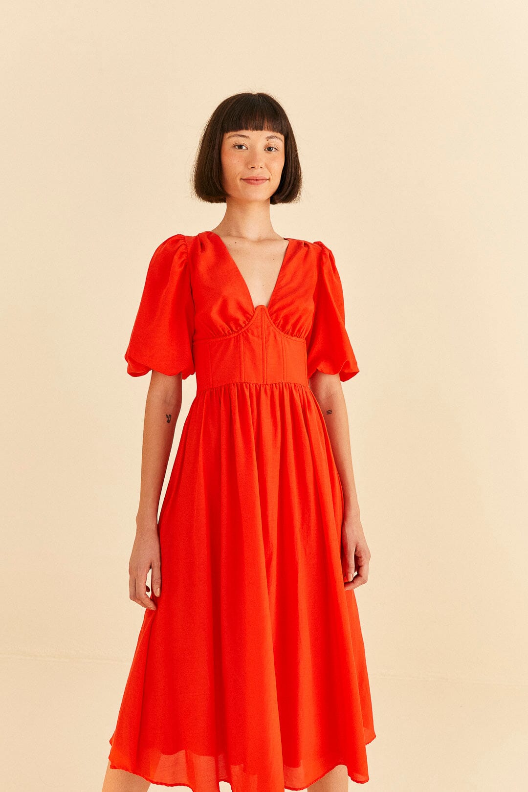 Red Short Sleeves Midi Dress