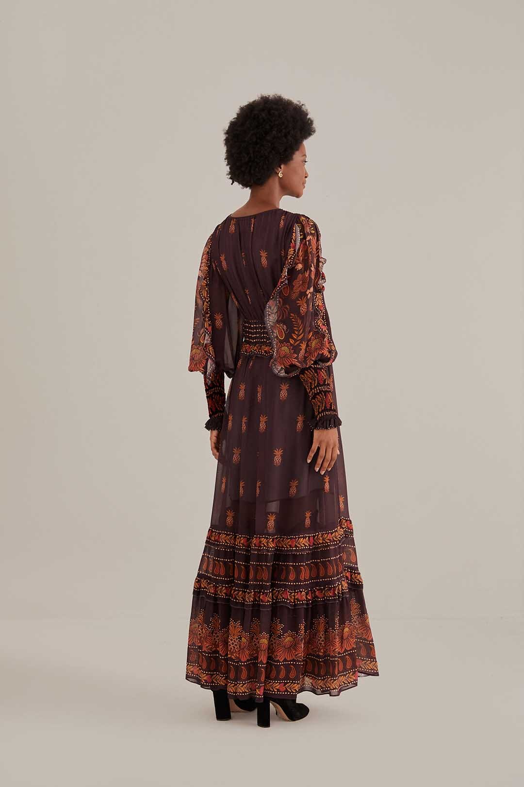Brown Paisley Bloom Long Sleeve Maxi Dress