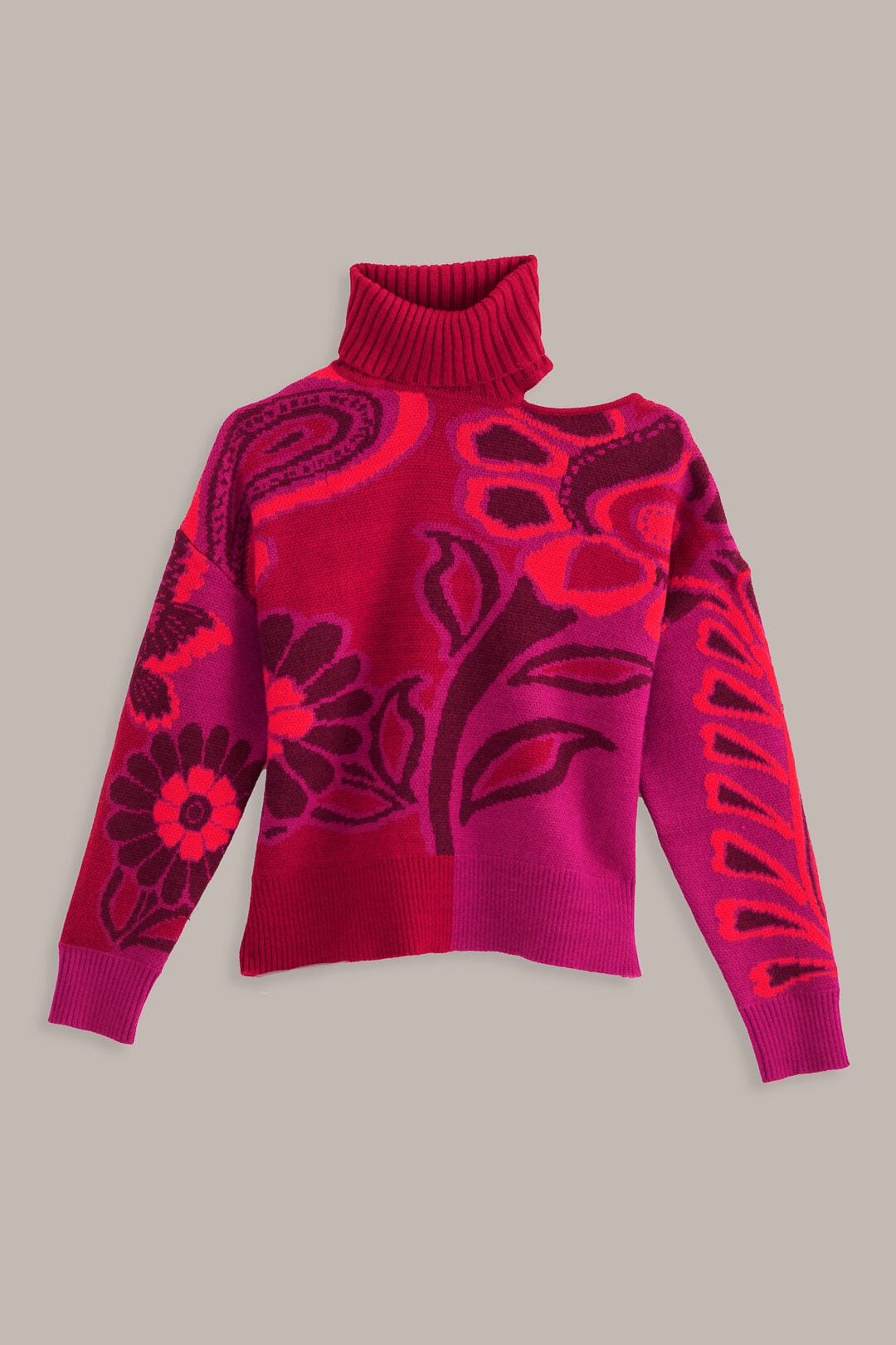 Rose Printed Turtleneck Sweater - Off White Multicolor