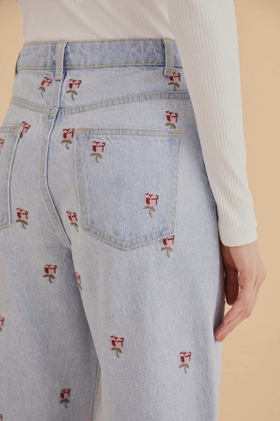 Farm Rio EMBROIDERED PANTS - Relaxed fit jeans - denim blue/multi