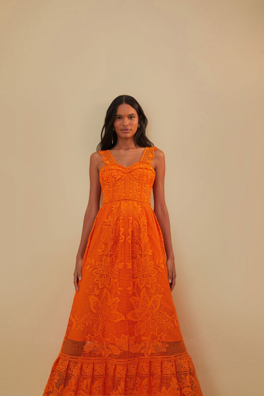 Orange Guipure Sleeveless Maxi Dress