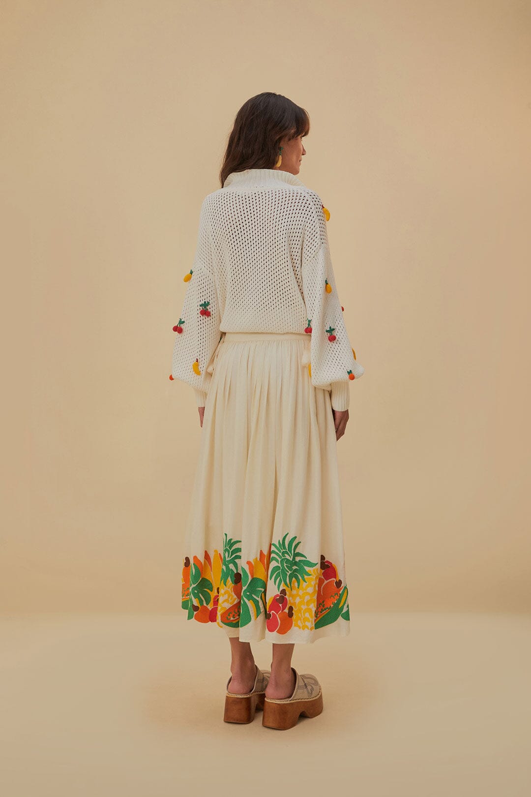 Embroidered Fruits Side Bow Midi Skirt