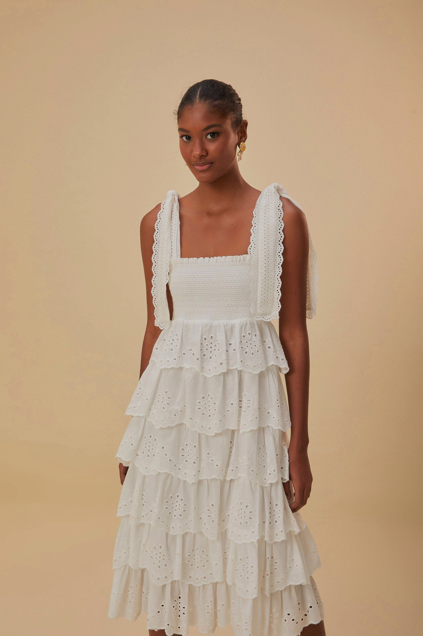 Off-White Embroidered Ruffle Midi Dress