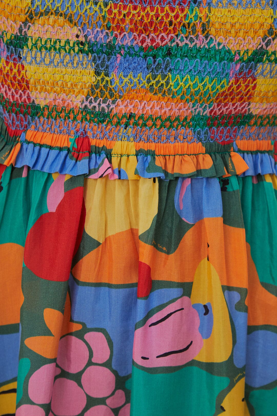 Multicolor Fruit Landscape Short Sleeve Midi Dress