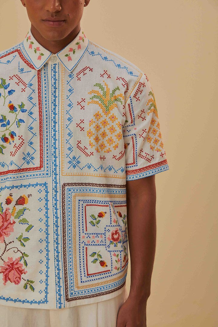 Tropical Cross Stitch Embroidered Shirt