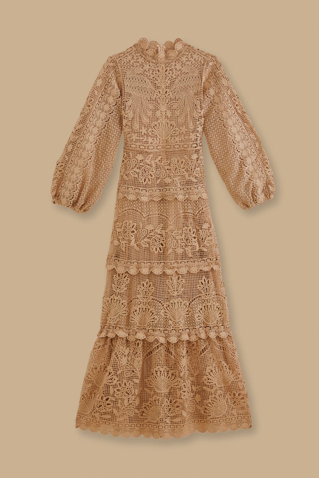 Khaki Guipure Long Sleeve Maxi Dress