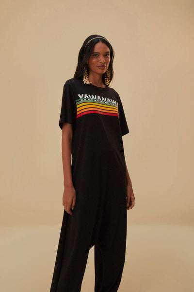 Farm Rio Jumpsuit retailer Women XLarge Black Brasileira Black Jersey Relaxed Wide Leg