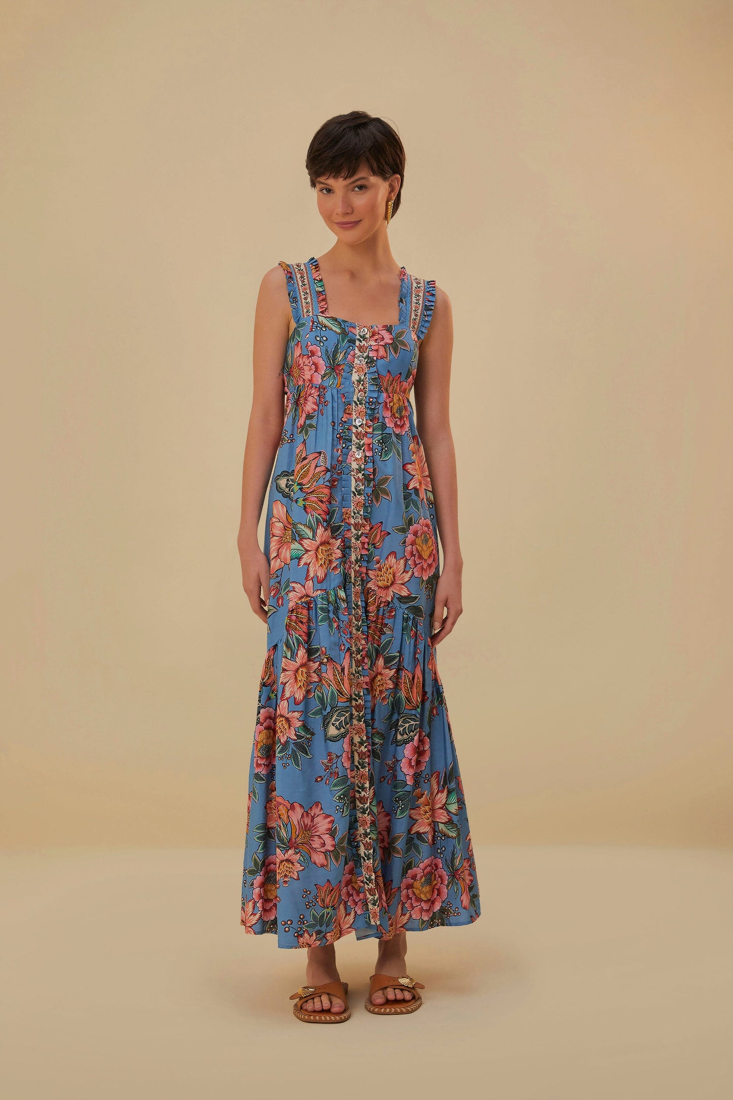 Blue Wonderful Bouquet Sleeveless Maxi Dress