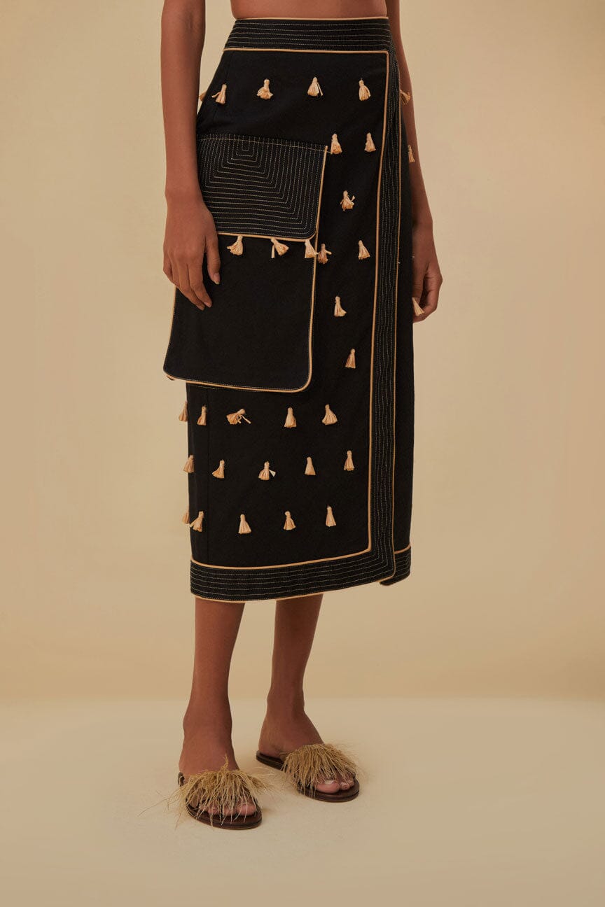 Black Raffia Fringed Skirt
